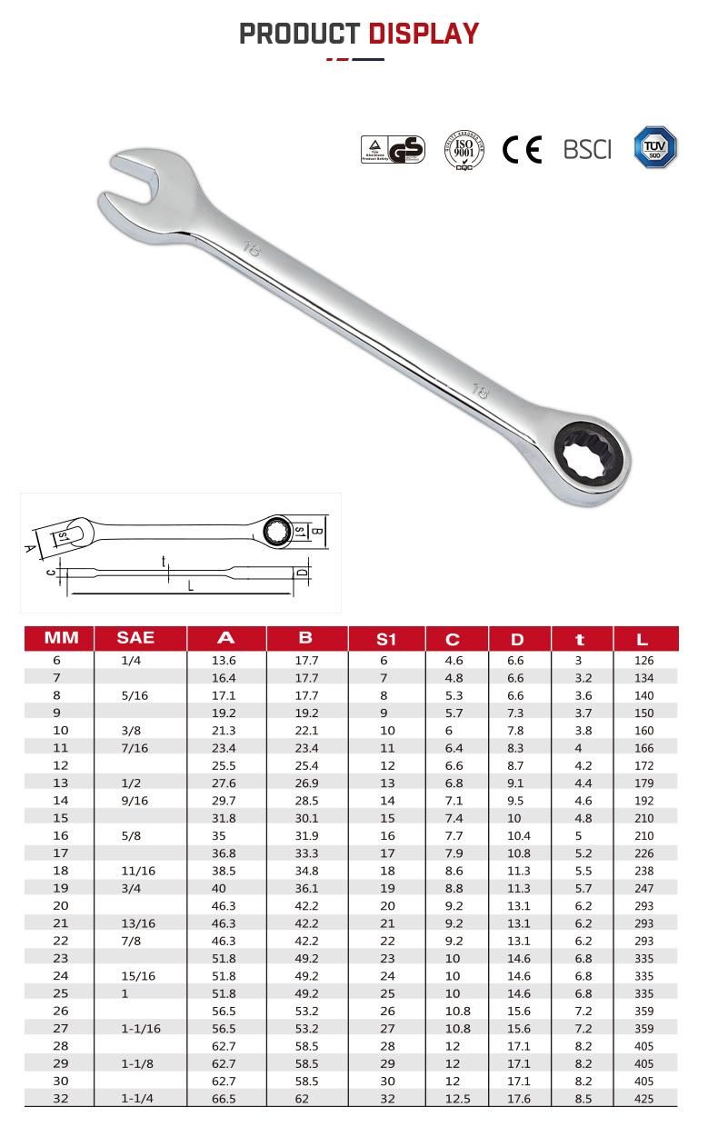 Hand Tool 72th CRV Material Mirror/Matt Combination Ratchet Wrench