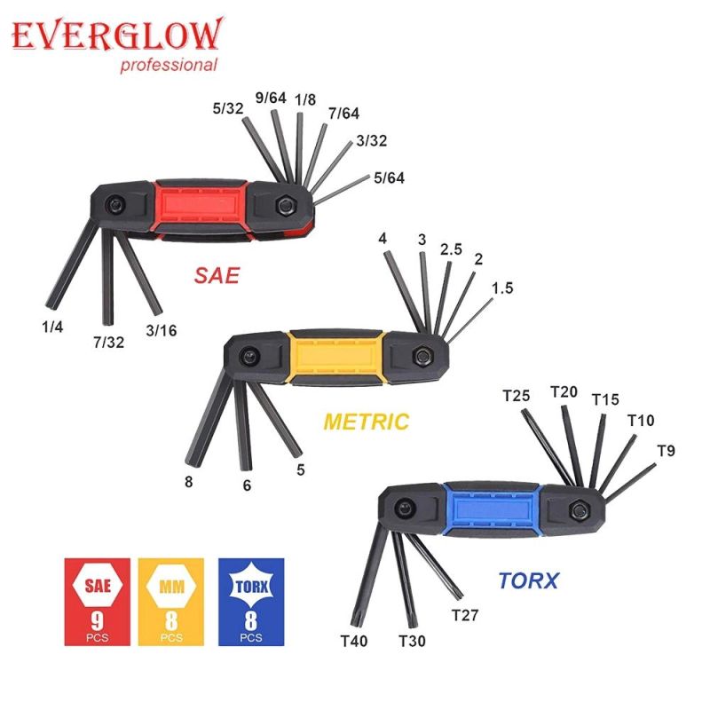 3pk Folding Allen Wrench Set SAE, Metric Torx Hex Key Set