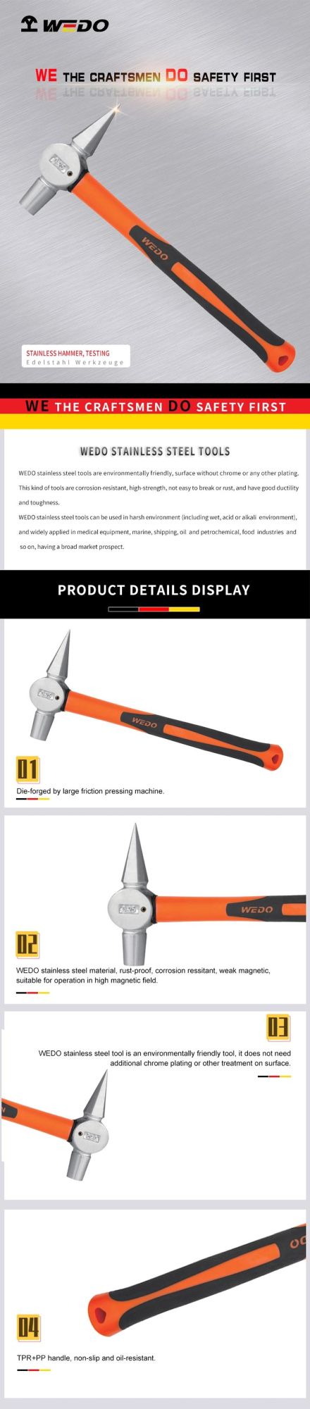 Wedo Stainless Steel SUS304 SUS420 Anti-Corrosion Rust Proof Testing Hammer