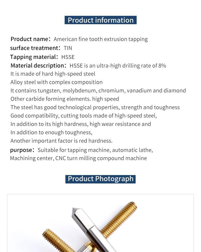 Hsse-M42 JIS with Tin Forming Taps Unf Uns 1/4-28 5/16 3/8 7/16 1/2 9/16 5/8 Machine Roll Tapping Fine Screw Thread Tap