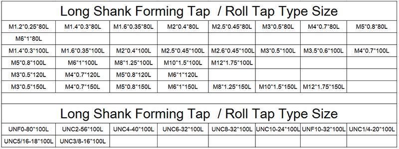 M6*1*120L Hsse-M42 Long Shank 120mm with Tin Forming Taps M3 M4 M5 M6 Machine Roll Screw Thread Tap