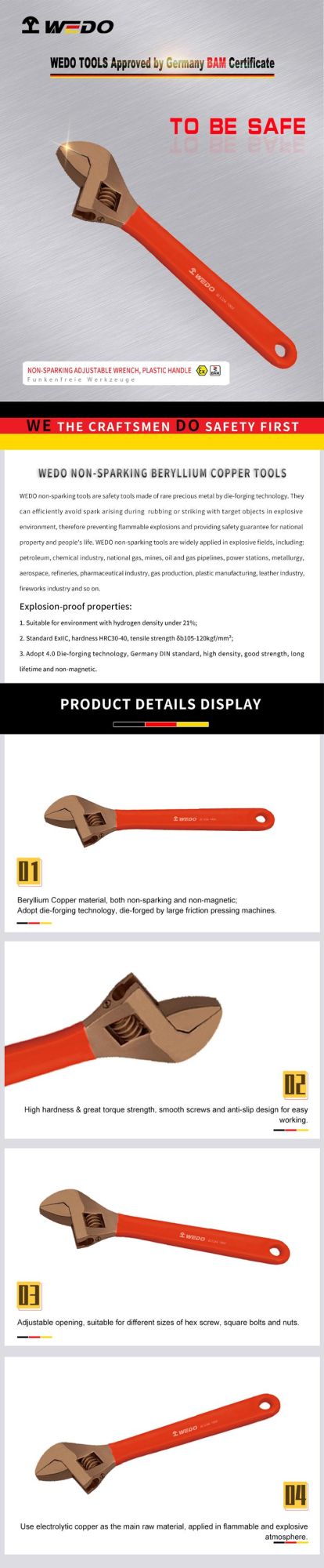 WEDO Beryllium Copper Spanner Non-Sparking Adjustable Wrench High Quality Spanner Plastic Handle