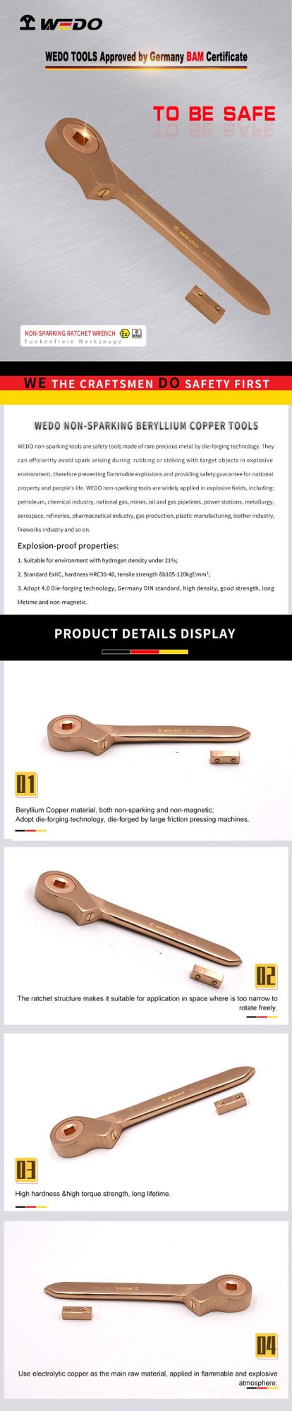 WEDO Beryllium Copper Non-Sparking Ratchet Wrench High Quality Spanner Bam/FM/GS Certified