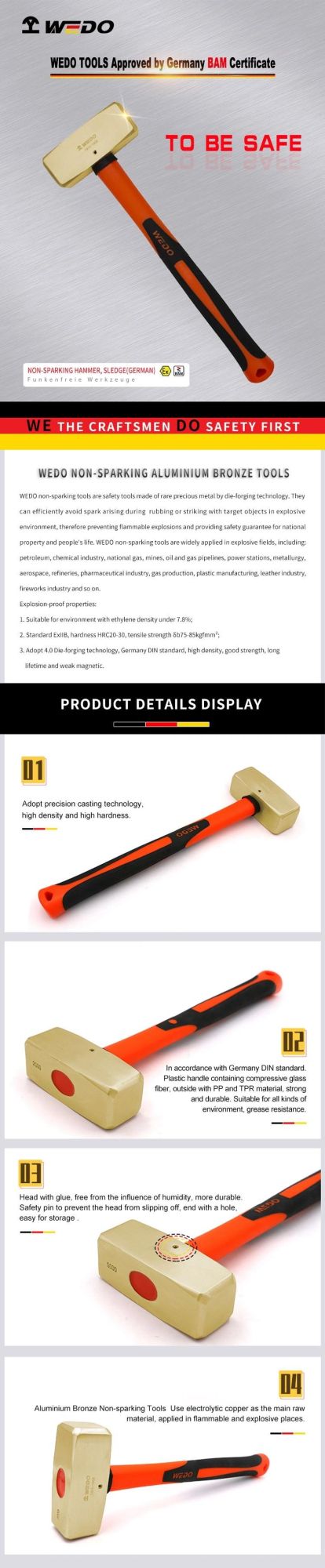 WEDO Non-Sparking Hammer (German Type) Aluminium Bronze Sledge Hammer with Fiberglass Handle