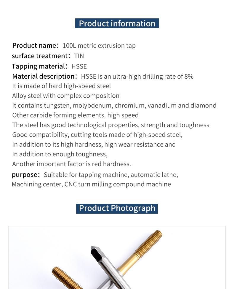 Hsse-M42 JIS Long Shank 100mm with Tin Forming Taps M1.4 M1.6 M2 M2.5 M2.6 M3 M3.5 M4 M5 M6 M8 M10 M12 Machine Screw Thread Tap