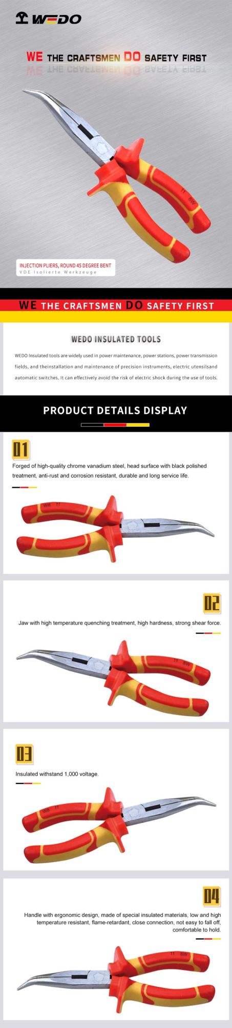 Wedo High Quality Insulated Round 45 Degree Bent Injection Pliers