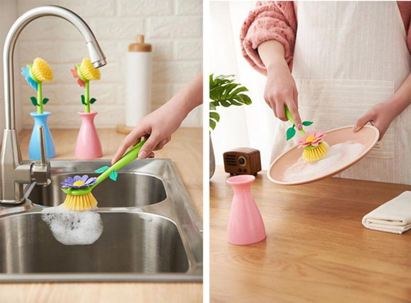 Multifunctional Flower Cleaning Brush Kitchen Plastic Cleaning Tool Dishwashing Brush Bottle Brush Pot Brush with Base