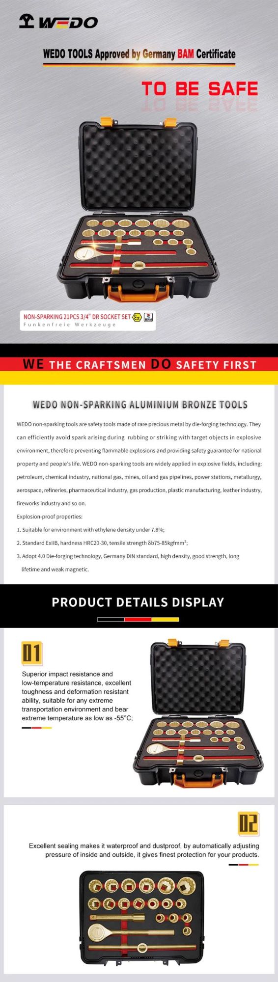 WEDO Non Sparking Aluminium Bronze 3/4" Dr. Socket Set-21PCS Bam/FM/GS Certified