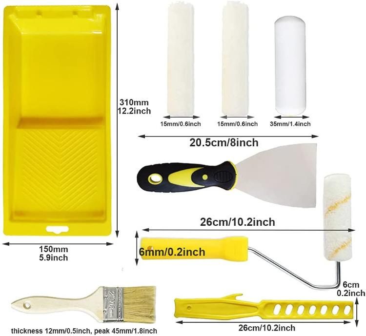 Paint Roller Kit 9 PCS Paint Roller Cover Set-Brush, Tray, Putty K Nife, Stir Bar (Yellow)