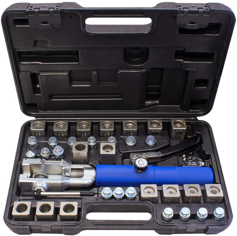 Universal Hydraulic Flaring Tool Set (Includes 3/8" and 1/2" Transmission Cooling Line Die and Adapter Sets) with Tube Cutter, Silver/Blue