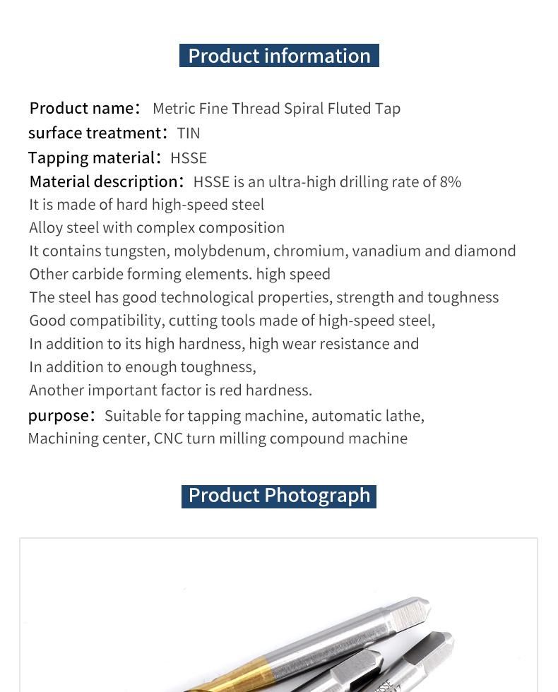 Hsse-M35 JIS with Tin Spiral Fluted Taps M11 M12 M13 M14 M15 M16 M18 M20 M22 Metric Machine Screw Fine Thread Tap