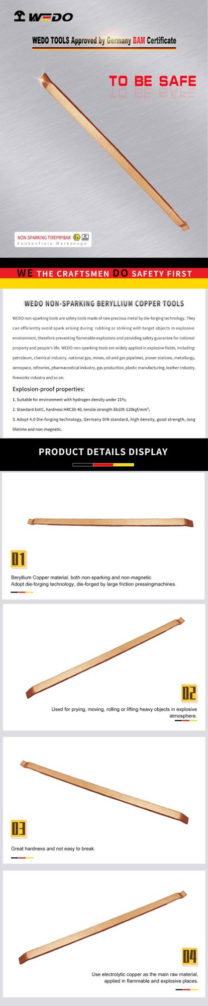 WEDO Hot Sale Crowbar High Quality Non-Sparking Tire Pry Bar Beryllium Copper