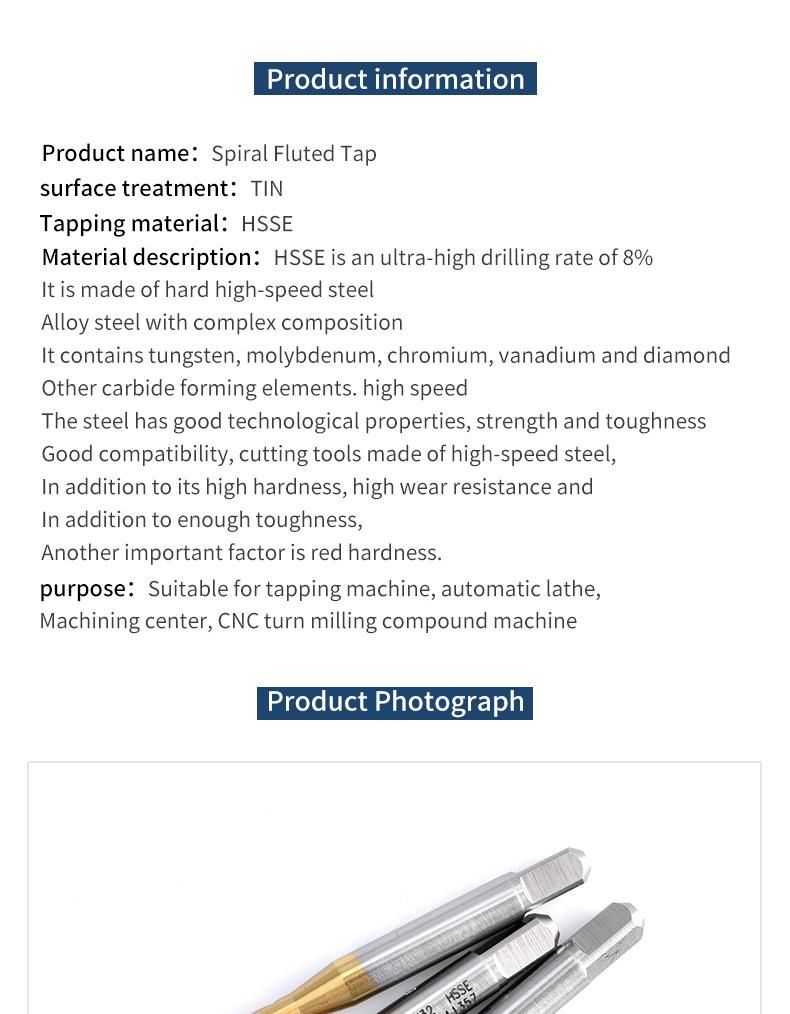 Hsse-M35 with Tin Spiral Fluted Taps Bsw W 1/8 5/32 3/16 7/32 1/4 5/16 3/8 7/16 1/2 Machine Thread Screw Tap