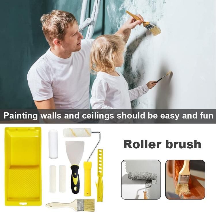 Paint Roller Kit 9 PCS Paint Roller Cover Set-Brush, Tray, Putty K Nife, Stir Bar (Yellow)