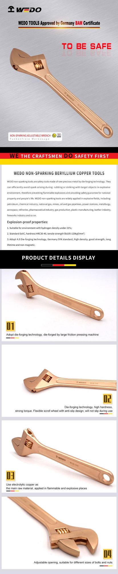 WEDO Hot Sale Wrench 24" Non-Magnetic/Sparking Adjustable Spanner Beryllium Copper