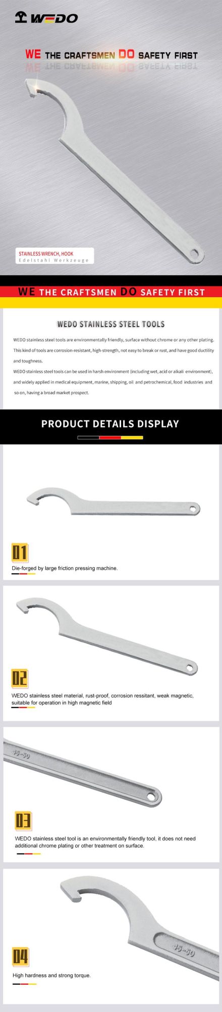 Wedo Stainless Steel SUS304 SUS420 Anti-Corrosion Rust Proof Hook Wrench