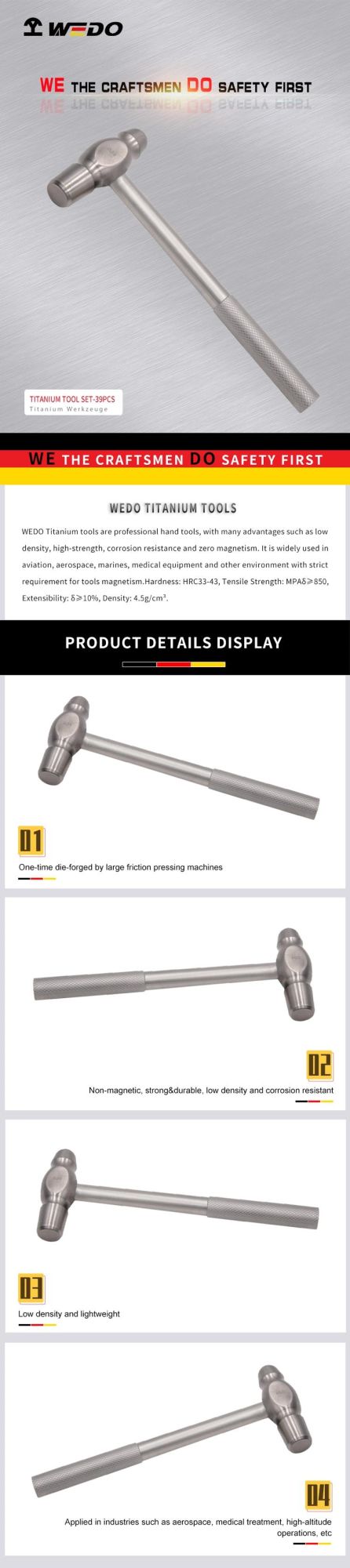 Wedo High Technology Professional Titanium Material Ball Pein Hammer