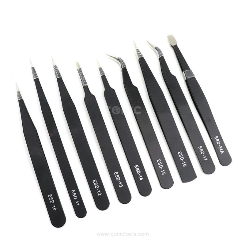 Stainless Steel Tweezers Pointed Elbow Head ESD Precision Tweezers 9PC Canvas Bag ESD Tweezers Set