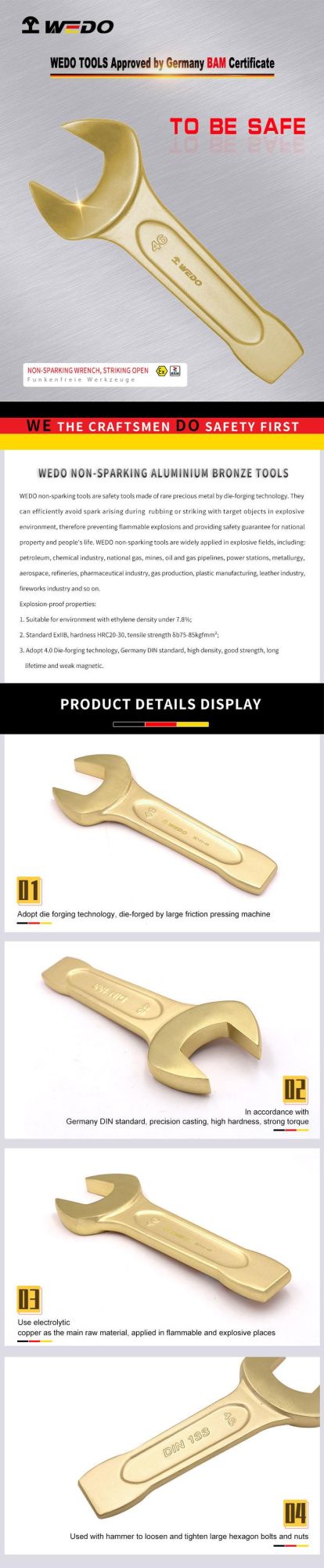 WEDO Hot Sale Non-Sparking Wrench Striking/Slogging Open Wrench Spanner Aluminium Bronze Metric&Imperial