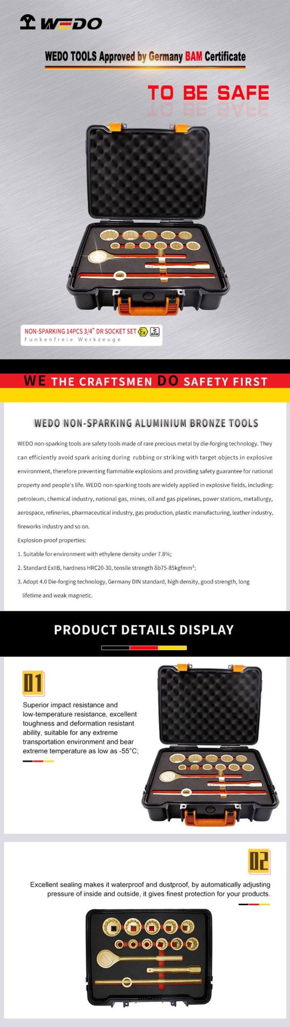 WEDO Non-Sparking 3/4" Dr Socket Set Spark-Free Safety Socket Tools Kit 14PCS