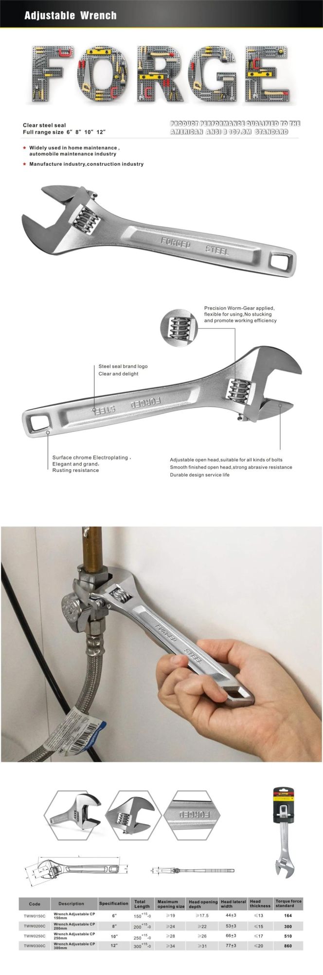 10" Quality Carbon Steel Wrenches Chrome Plated Adjustable Spanner