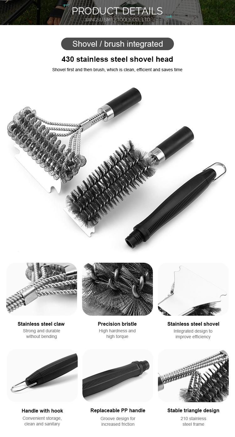Grill Cleaning Brush 3 PCS Set Two Stainless Steel Wire Scratch Brush Heads One PP Handle
