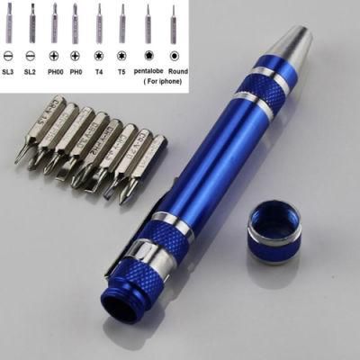 Multi-Function 8 in 1 Pocket Precision CRV Torx Philips Slotted Pen Screwdriver Hand Tool Set for Laptop Mobile Phone Watches Eyeglasses