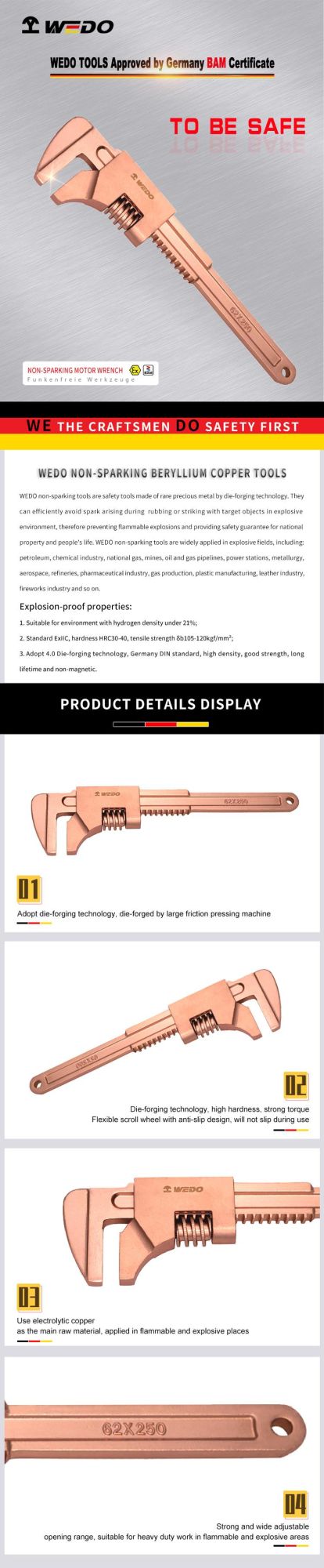 WEDO Beryllium Copper Motor Wrench Non-Sparking Spanner High Quality Spanner Bam/FM/GS Certified