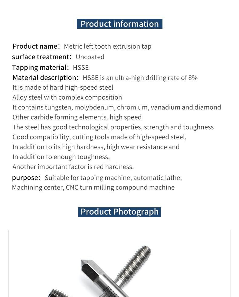 M2*0.4L Hsse-M42 Left Hand Forming Taps M2 M2.3 M2.4 M2.5 M3 M4 M5 M6 M8 M10 M12 Machine Thread Screw Tap