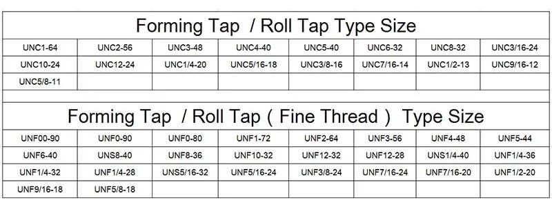 Hsse-M42 with Tin Forming Taps Unf Uns 00-90 0-90 0-80 1-72 2-64 3-56 4-48 5-44 6-40 8-40 8-36 10-32 12-32 12-28 Machine Roll Tapping Fine Thread Screw Tap