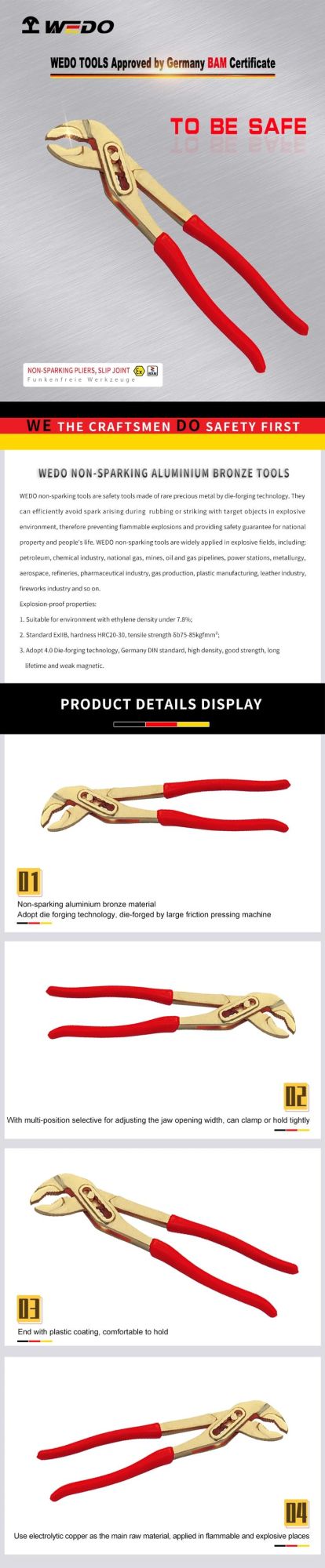 Wedo Non Sparking Aluminium Bronze Slip Joint Pliers