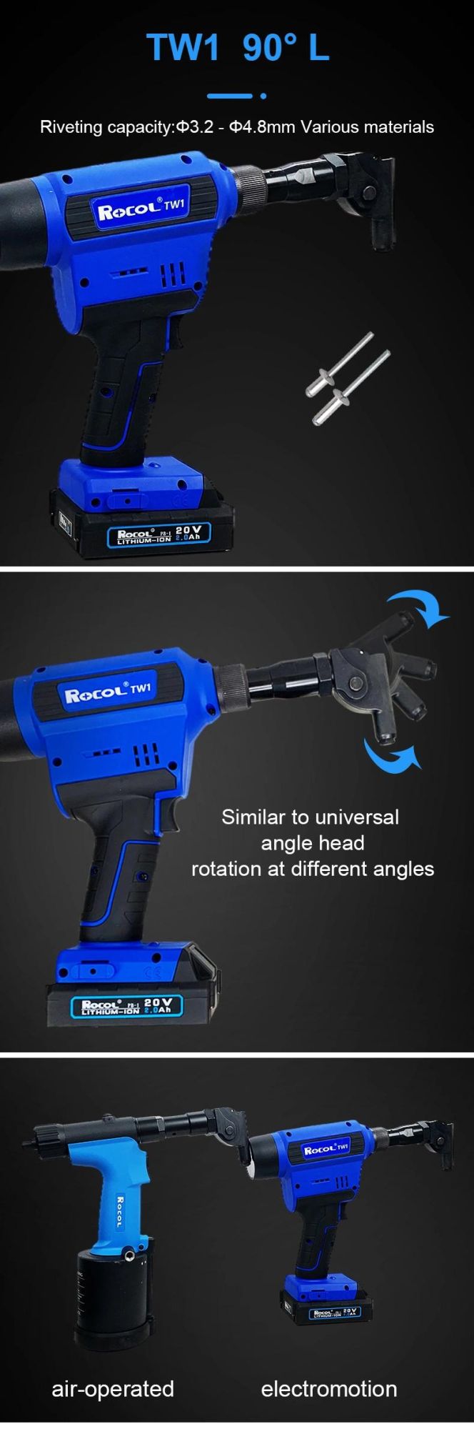 20000n Force 20V Brushless Motor Ergonomic Grip Rivet Gun