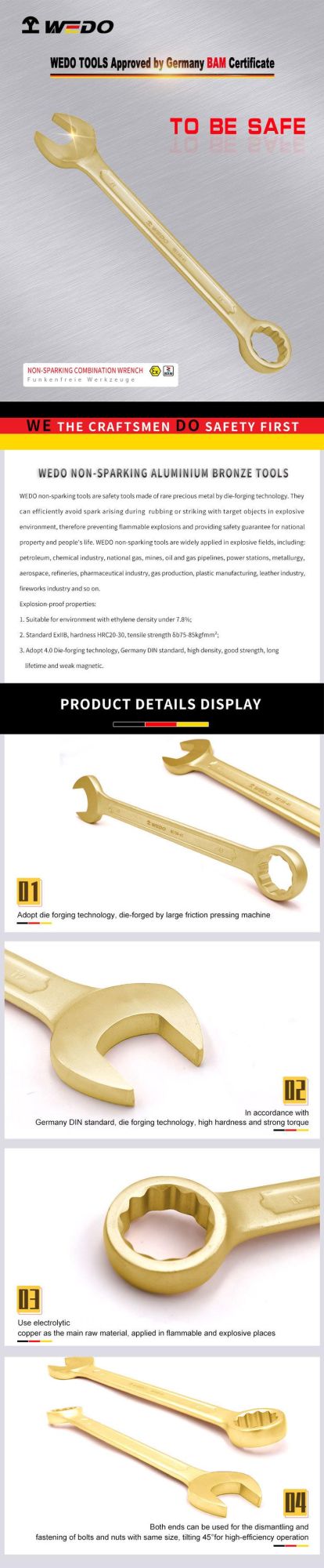 WEDO Hot Sale Wrench Aluminium Bronze Non-Sparking Combination Spanner Metric & Imperial
