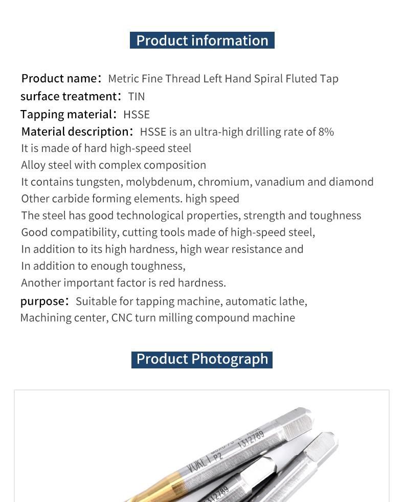 Hsse-M35 Left Hand with Tin Spiral Fluted Taps M3 M4 M5 M6 M7 M8 M9 M10 M12 M14 M16 Machine Screw Fine Thread Tap