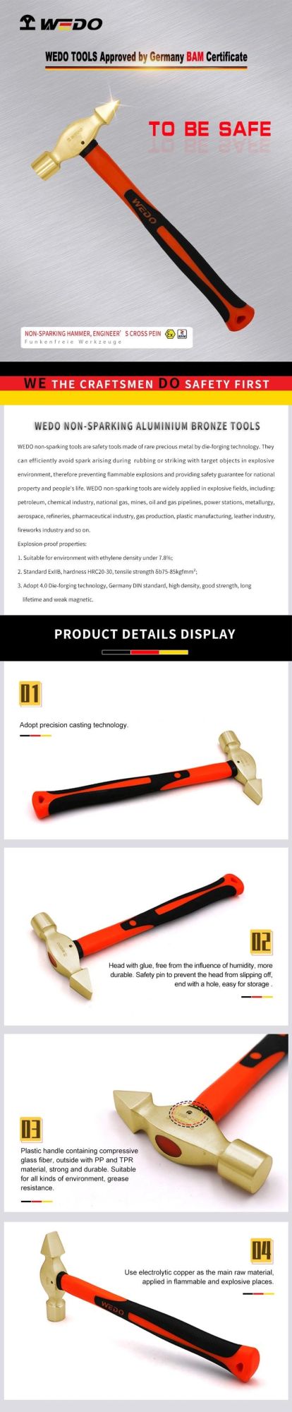 Wedo Popular Aluminium Bronze Non Sparking Engineer′ S Cross Pein Hammer
