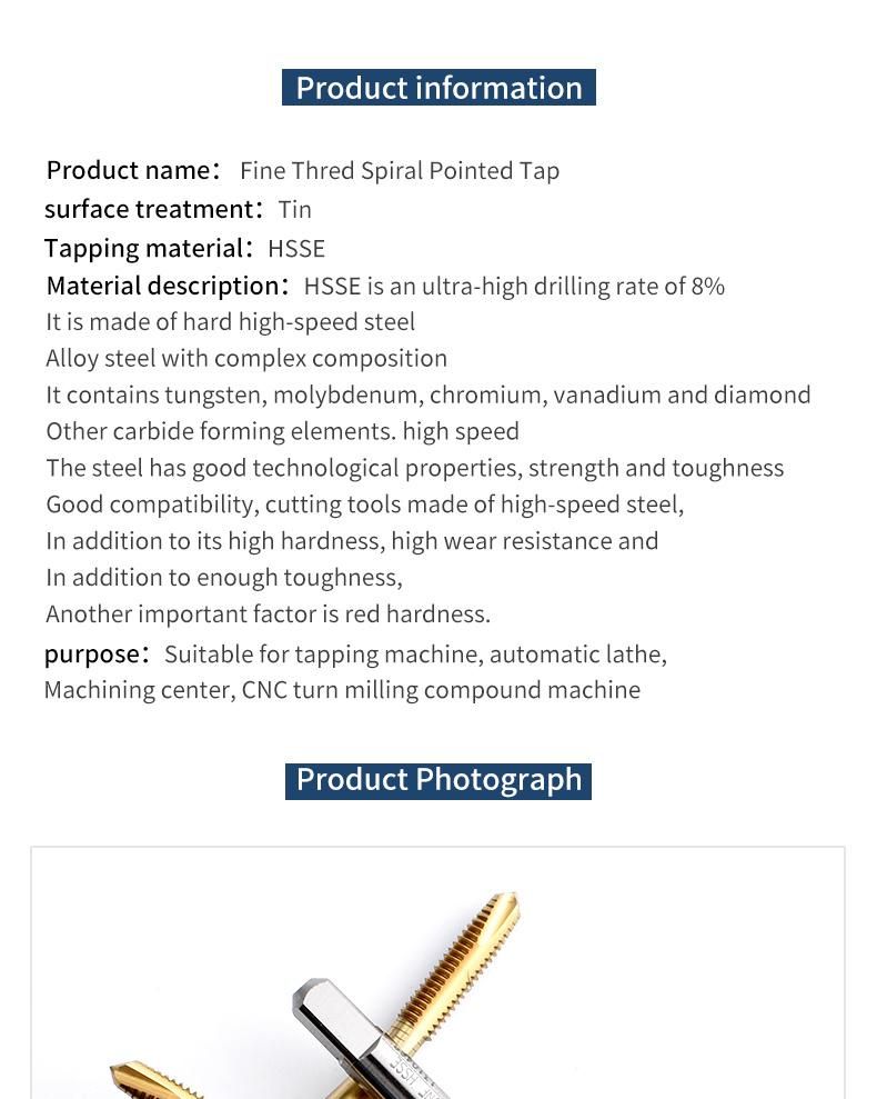 Hsse-M35 with Tin Spiral Pointed Taps Unf Uns 0-90 0-80 1-72 2-64 3-56 4-48 5-44 6-40 8-36 10-32 12-32 12-28 1/4 Machine Screw Fine Thread Tap