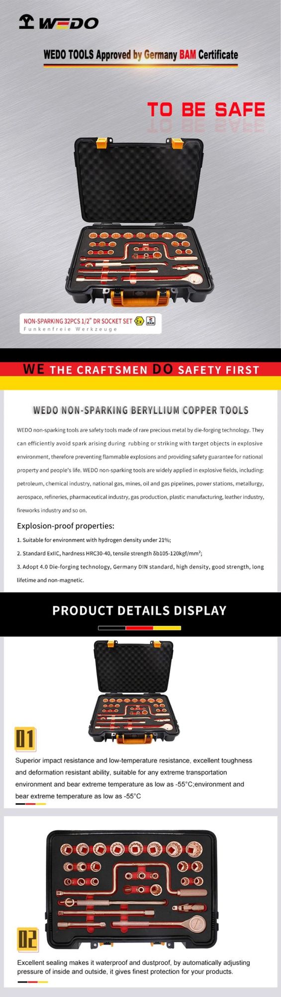 Wedo Manufacture Beryllium Copper Non-Sparking 1/2" 32PCS Socket Set