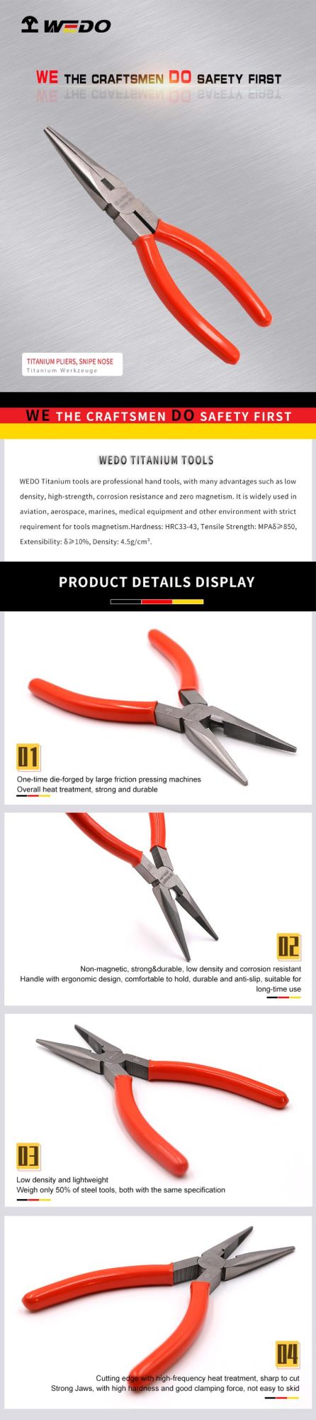 WEDO Titanium Pliers Light Weight Non-Magnetic Rust-Proof Corrosion Resistant Snipe Nose Pliers