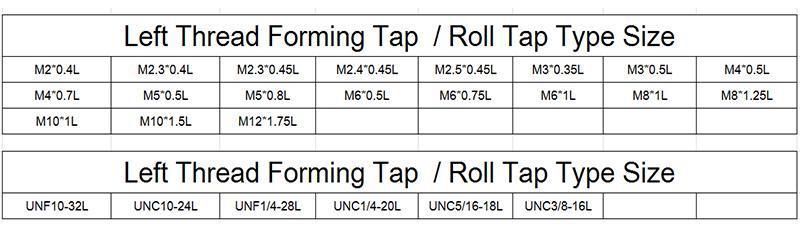 Unc1/4-20L Hsse-M42 Left Hand Forming Taps Unc Unf 10-24L 10-32L 1/4 5/16 3/8 Machine Thread Screw Tap