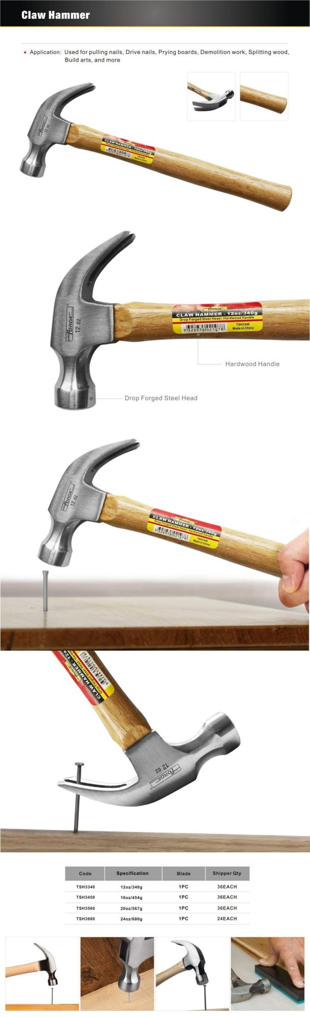 20oz High Quality Hand Tools 45# Nail Hammer Claw Hammer with Wooden Handle