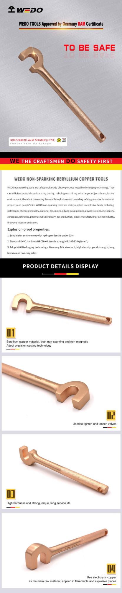 Wedo Beryllium Copper Non-Sparking U-Type Valve Spanner