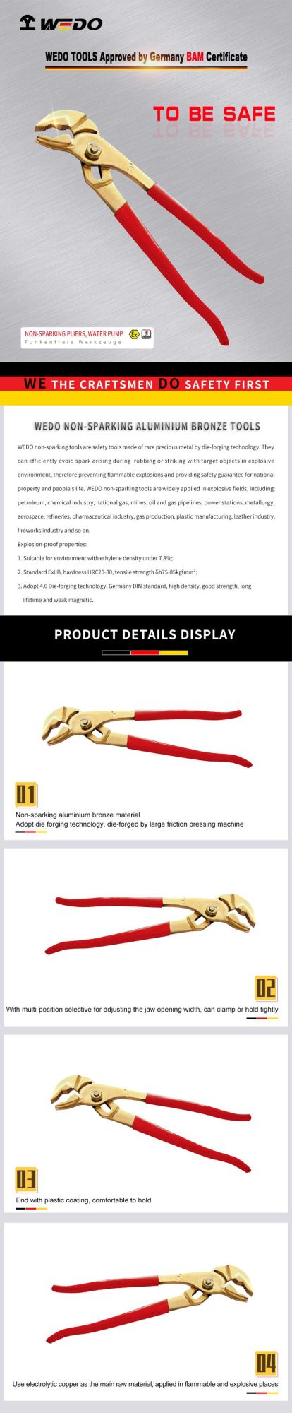 Professional Wedo Non Sparking Tool Aluminium Bronze Water Pump Pliers
