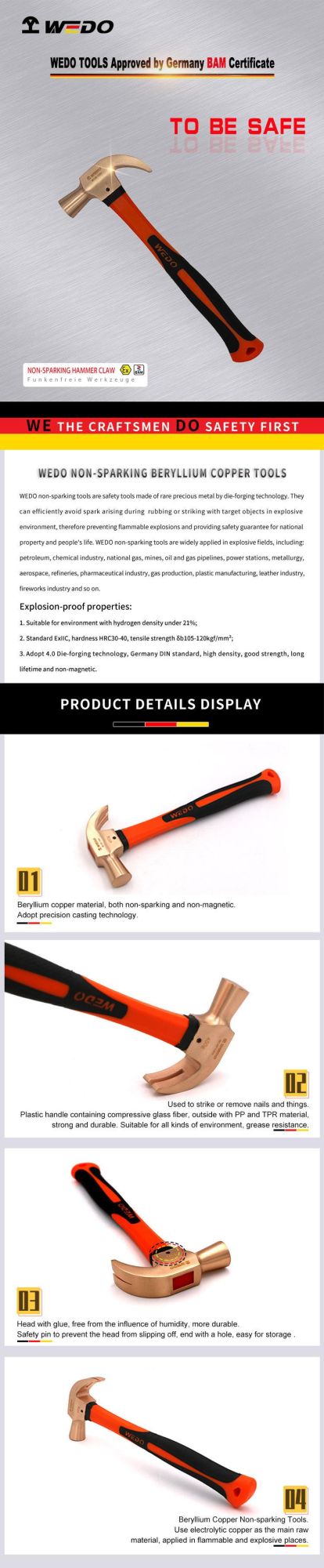 Wedo Non Sparking Beryllium Copper Claw Hammer Bam/FM/GS Certified