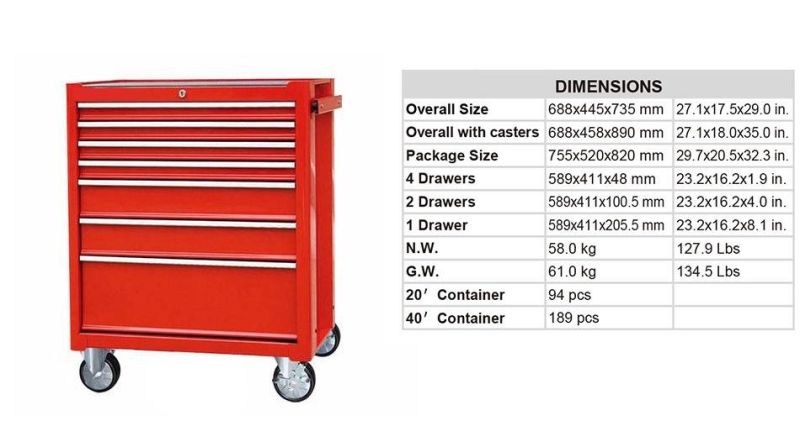 4-Drawer Top Tool Chest Professional Chest and Roller Cabinet Red