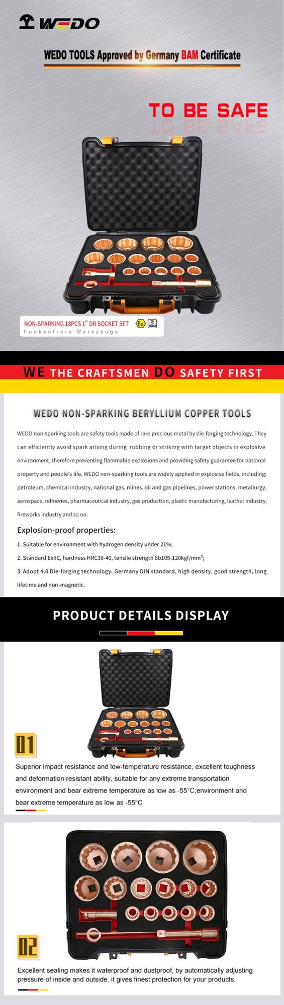 WEDO 18PCS Non-Sparking Beryllium Copper 1"Dr Socket Set Spark-Free Safety Socket Tools Case