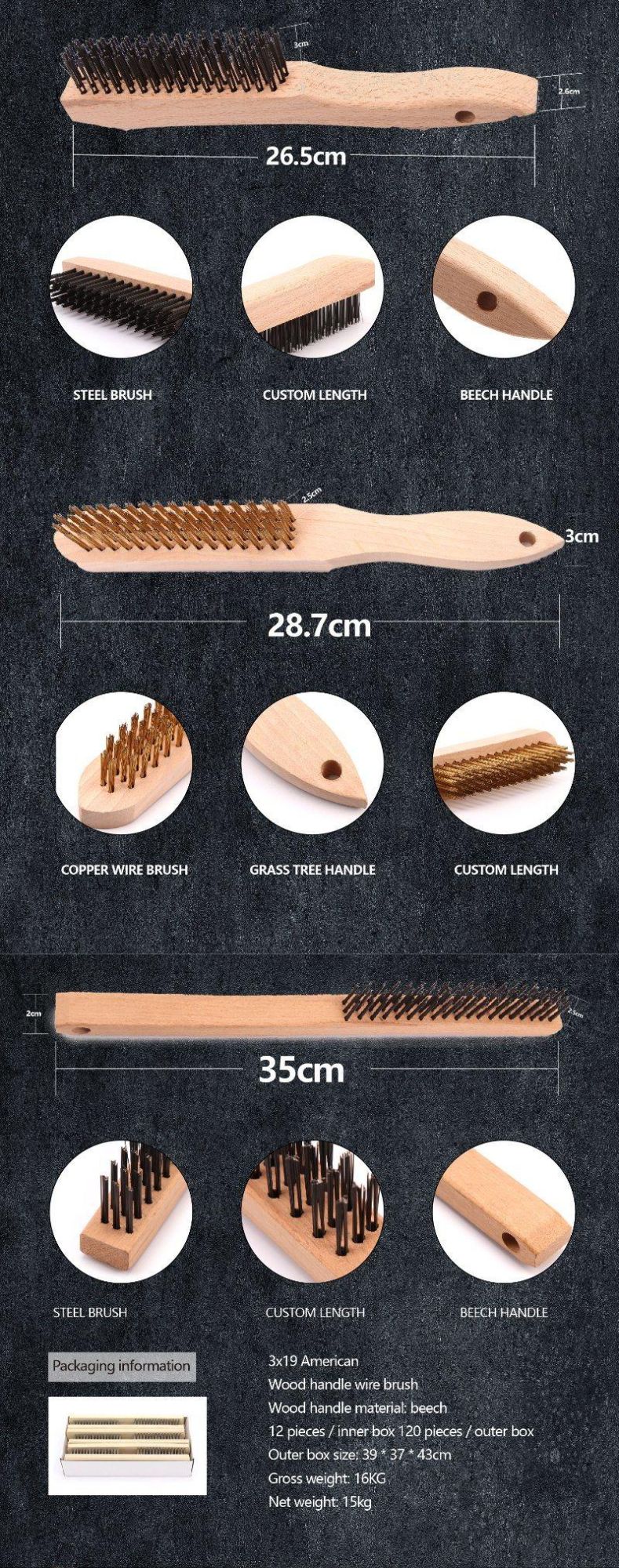 Steel Wire Brush 5*16 European Style Cleaning Hand Tool Steel Wire Brush Wooden Handle