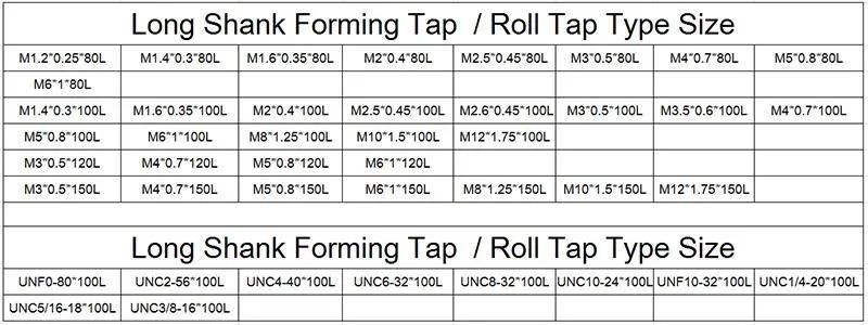 Hsse-M42 JIS Long Shank 100mm Forming Taps M1.4 M1.6 M2 M2.5 M2.6 M3 M3.5 M4 M5 M6 M8 M10 M12 Machine Thread Screw Tap