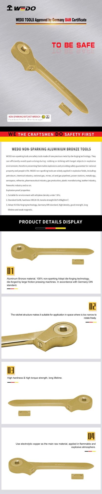 Wedo Professional Aluminium Bronze Alloy DIN3122 Non Sparking Ratchet Wrench