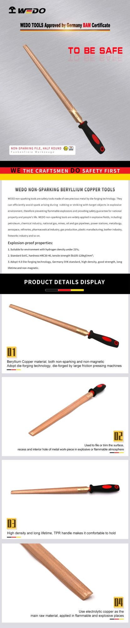 WEDO Beryllium Copper File Non-Sparking/Magnetic Half Round File Fiberglass Handle