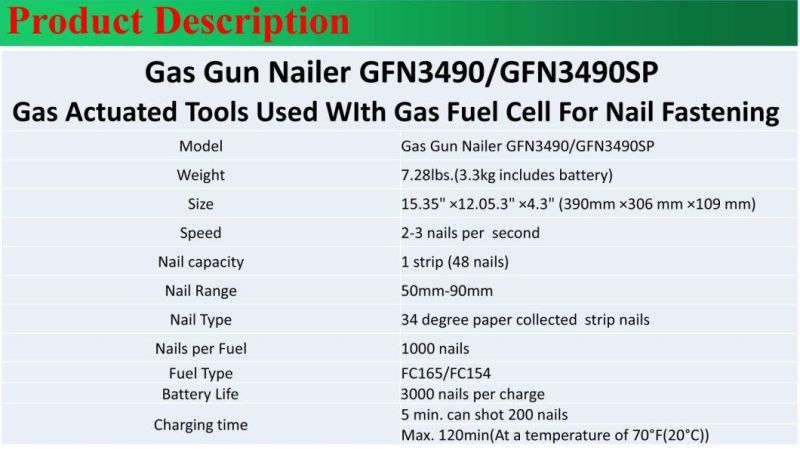 Gas Framing Nailer Gfn 3490 for 34degree Paper Strip Nails